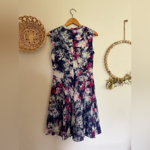 REBECCA TAYLOR ROSE GARDEN FLORAL Blue Keyhole Neck Chiffon Silk mini Dress Sz 2 - Picture 5 of 10